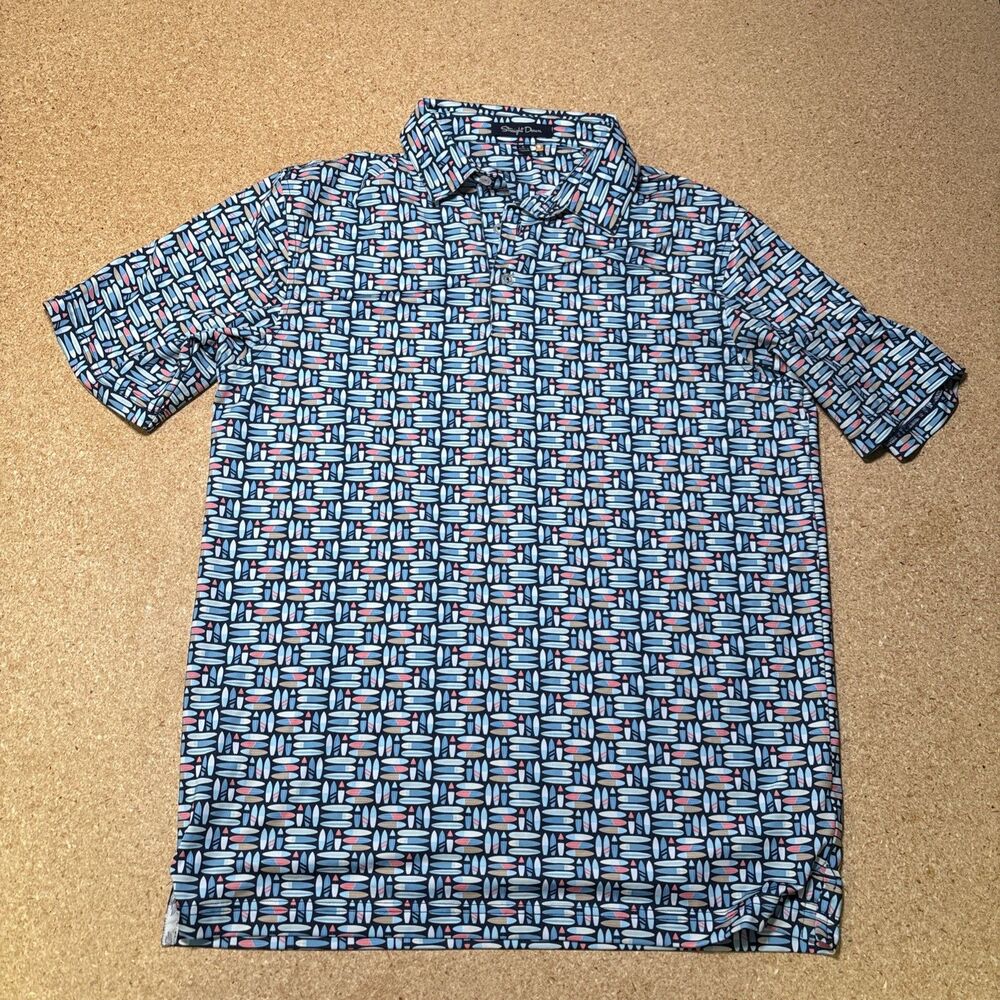 Straight Down Polo Shirt Mens S Blue Surf Board AOP Performance Golf Stretch B1